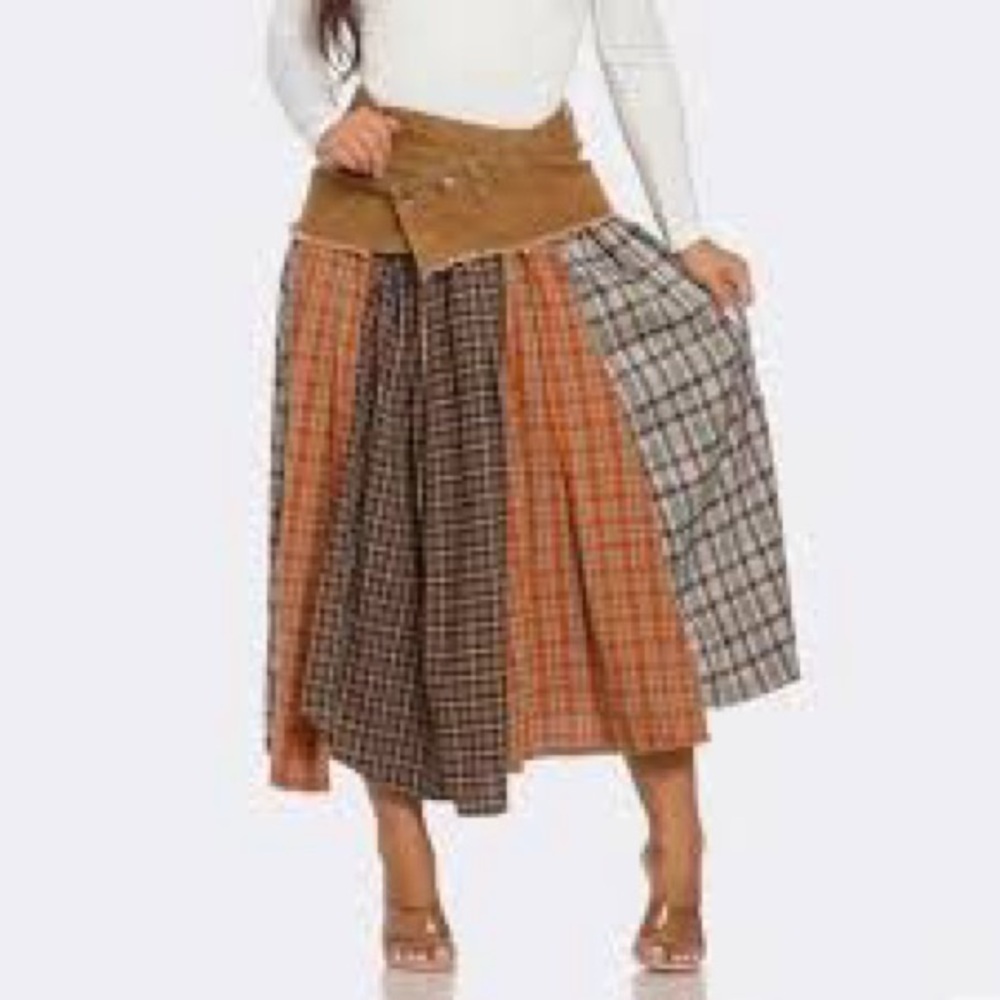 NWT Micas Color Block Plaid Print Denim Patchwork Asymmetrical Skirt